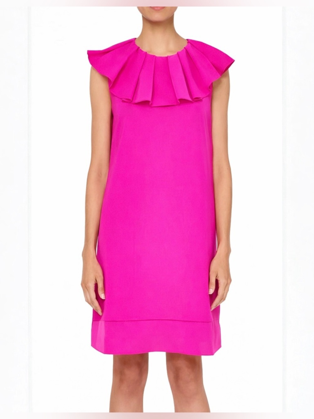 TED BAKER Hot Pink Ruffle Neck Shift Dress Size 1 Bright Statement Mini